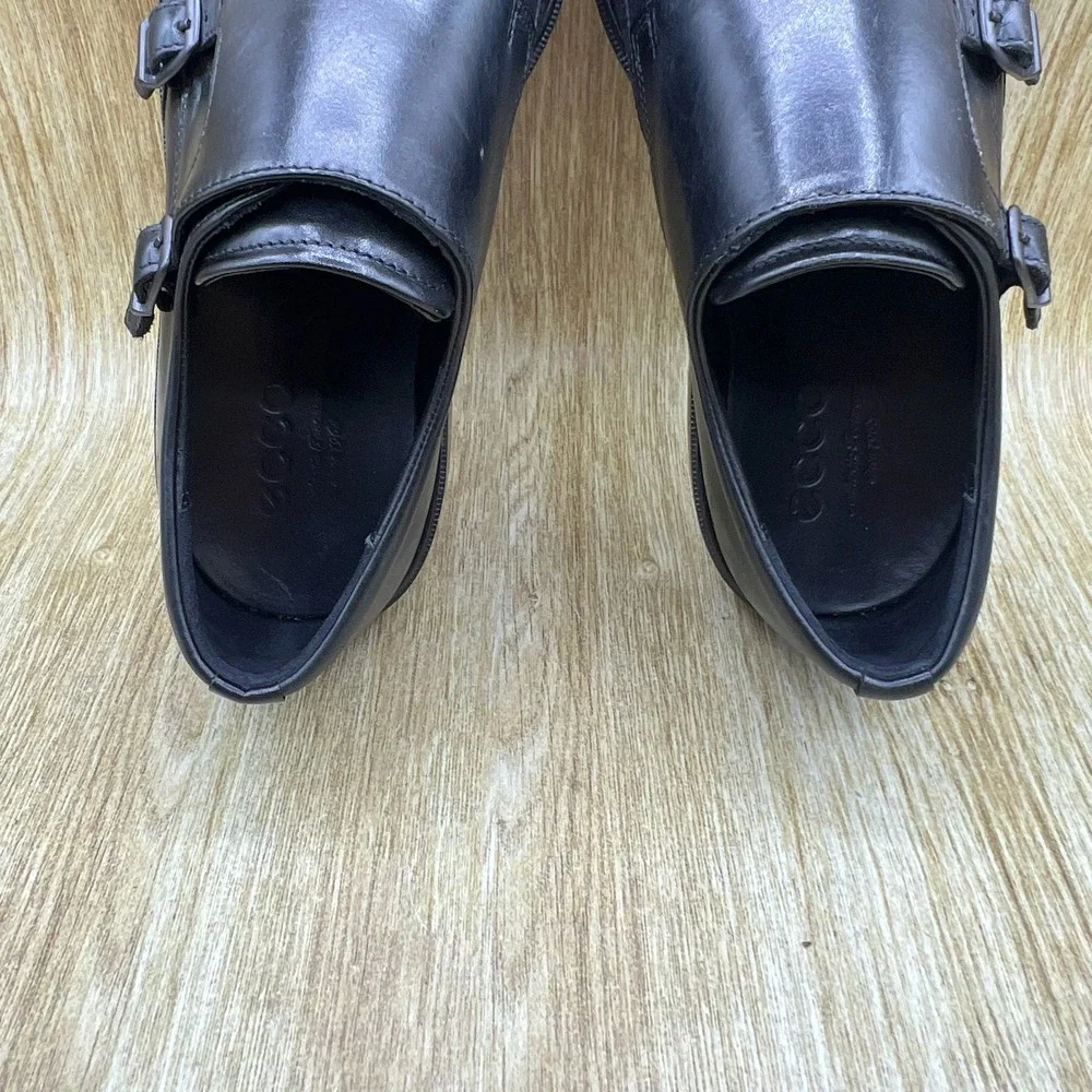 ECCO Double Monk Strap Shoes Men's 8.5 Black Leather Wingtip Brogue Shock Point